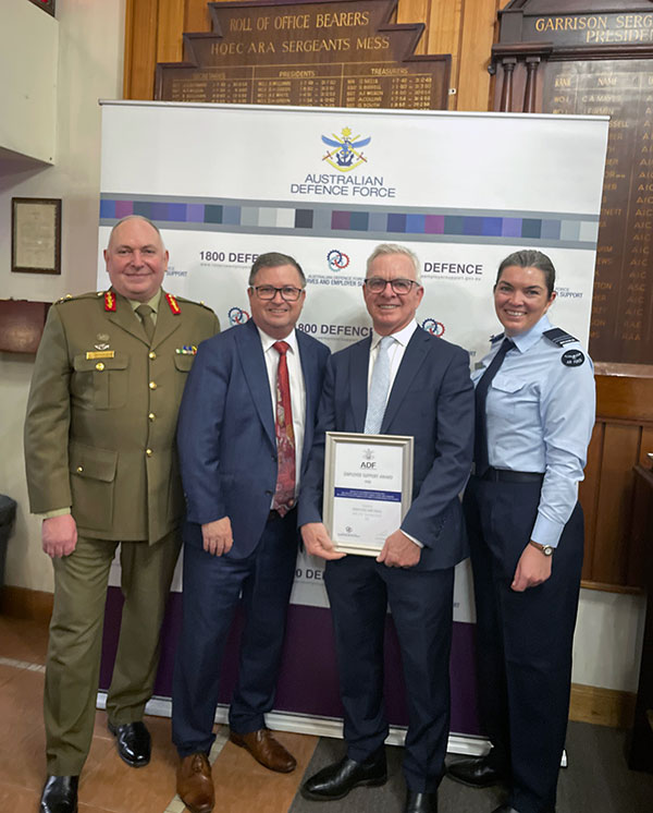 Major General Douglas Laidlaw AM CSC Head of Reserves and Cadet Support Division General Manager Kelvin Tytherleigh Mayor Mark Johnson and Rebecca English