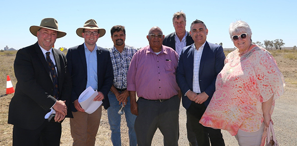 Photo: Moree Plains Shire Council General Manager Lester Rodgers, Northern Tablelands MP and Minister for Agriculture Adam Marshall, Lloyd Munro Vice-Chairman Moree Local Aboriginal Lands Council, Tom French Chairman Moree Local Aboriginal Lands Council, Councillor Greg Smith Deputy Premier John Barilaro and Mayor Katrina Humphries