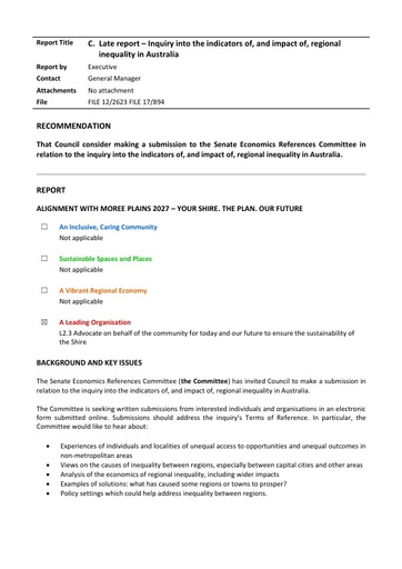 C  Late report   Inquiry into the indicators of, and impact of, regional inequality in Australia