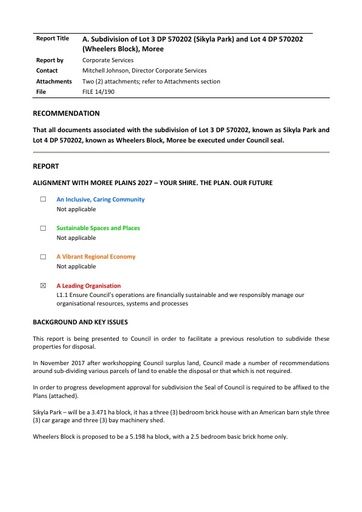 A  Late Report Report   Subdivision of Sikyla Park and Wheelers Block