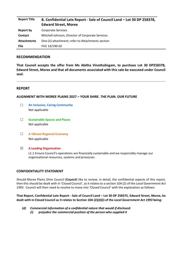 B  Confidential Late Report   Public   Sale of Council Land   Lot 30 Edward Street