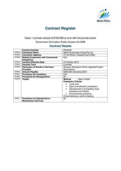 Current Contract Dhiiyaan Aboriginal Centre M and K Construction Group 1