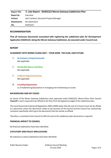 C  Late Report   DA2013 2 Moree Gateway Subdivision