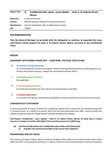 Late Report   Public version   Ordinary Council Meeting 23 November 2017   Lease to Moree Family Support