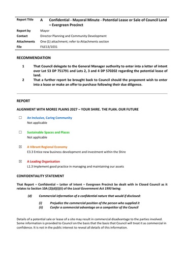 Mayoral Minute Lease of Land at Evergreen Precinct   public version   24 August 2017 Ordinary Council Meeting