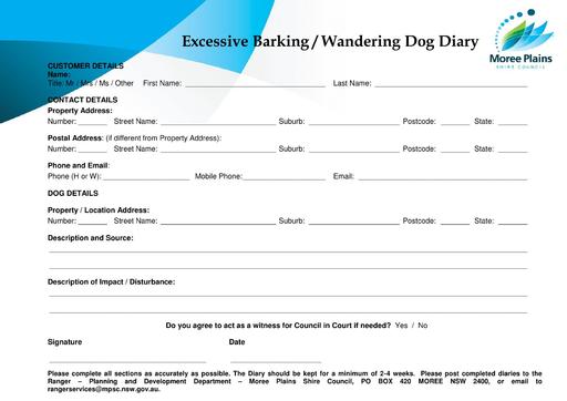 Excessive Wandering Barking Dog Diary