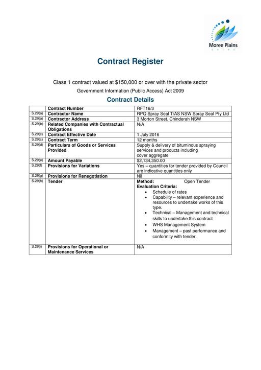 2016 Current Contract Supply and Delivery of Bituminous Spraying