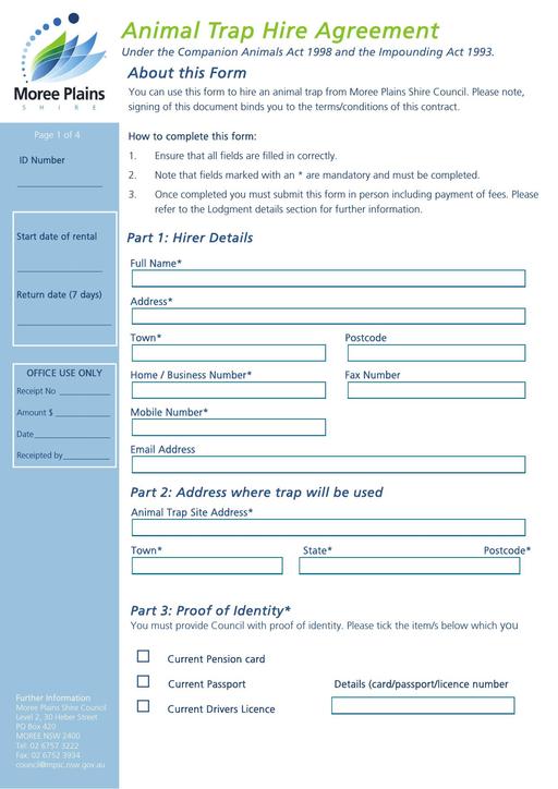 Animal Trap Agreement Form