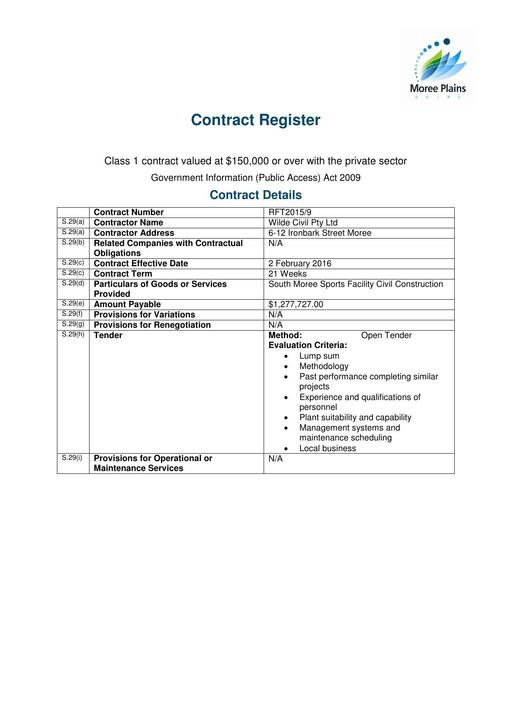 2016 Current Contract Wilde Civil Pty Ltd