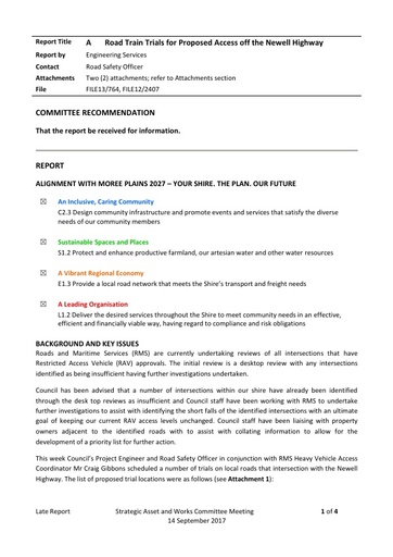 Council Committee Meeting   Strategic Asset and Works   14 September 2017   Late Report   Road Train Trials for Proposed Access off the Newell Highway